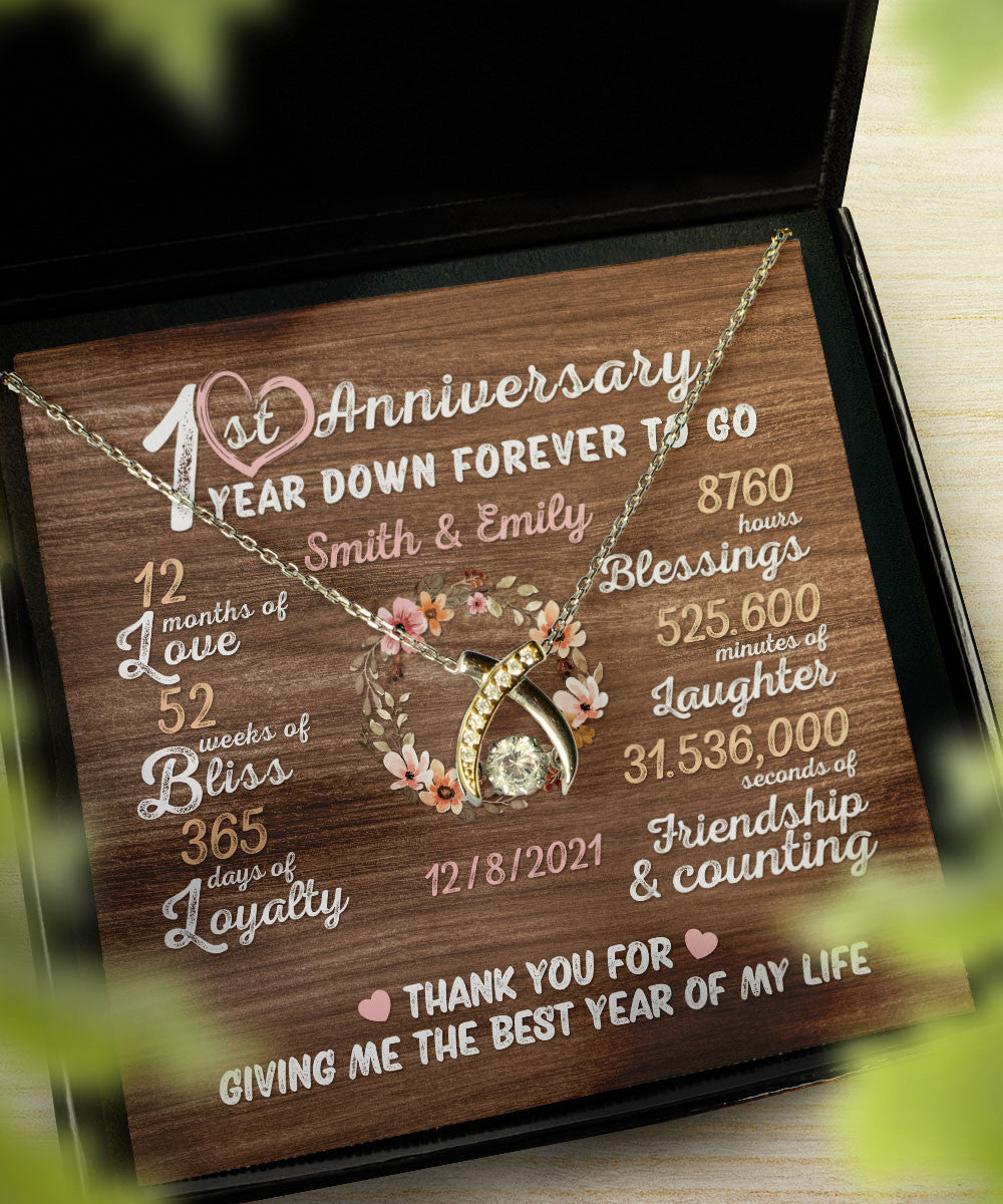 One Year Down Forever To Go First Anniversary Gift Custom Name And Date Wishbone Dancing Necklace Toptrendygear