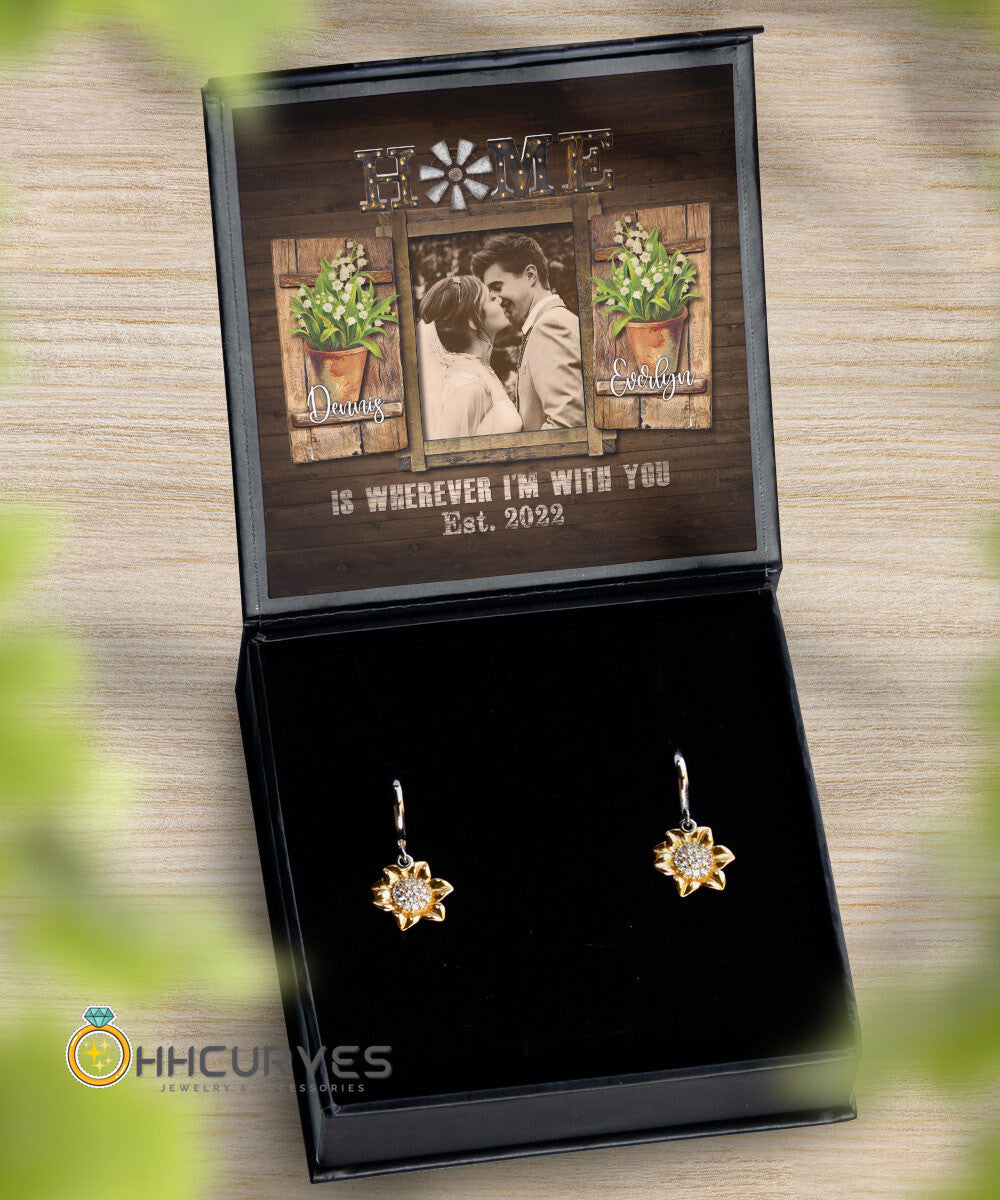 Custom Name, Date And Photo Happy Wedding Anniversary Home Is Wherever I'm With You Anniversary Gifts For Her Sunflower Earrings Toptrendygear