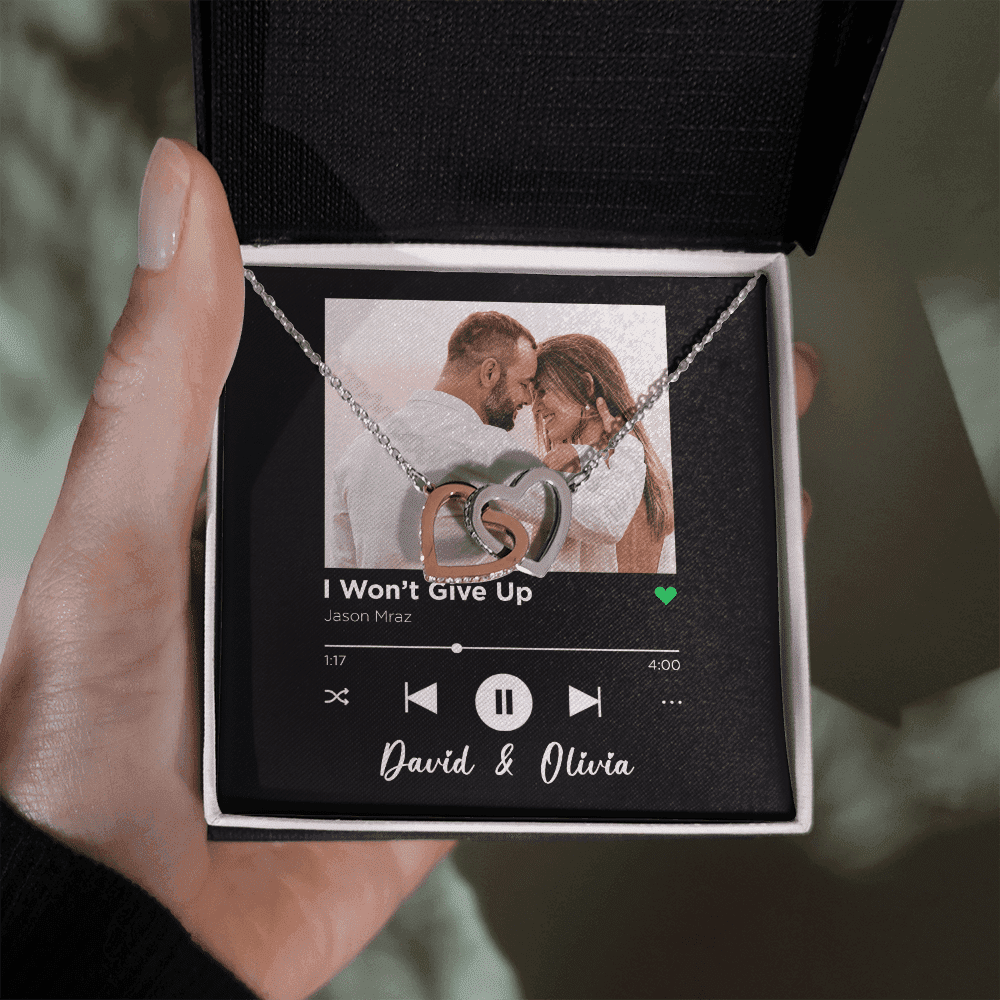 I Won't Give Up Custom Spotify Code With Couple Photo and Song Card Interlocking Hearts Necklace Anniversary Gifts For Her Toptrendygear