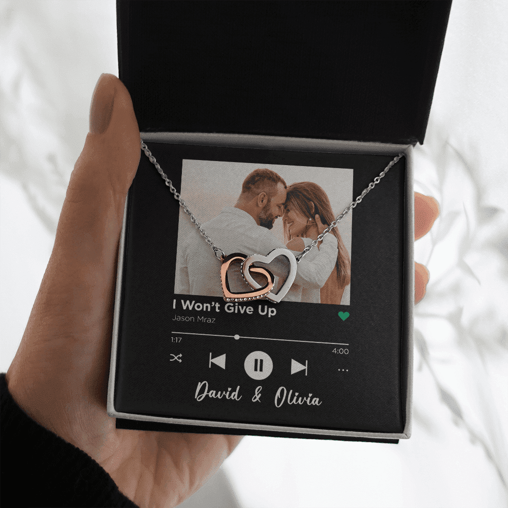 I Won't Give Up Custom Spotify Code With Couple Photo and Song Card Interlocking Hearts Necklace Anniversary Gifts For Her Toptrendygear