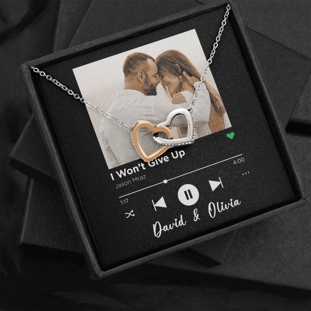 I Won't Give Up Custom Spotify Code With Couple Photo and Song Card Interlocking Hearts Necklace Anniversary Gifts For Her Toptrendygear