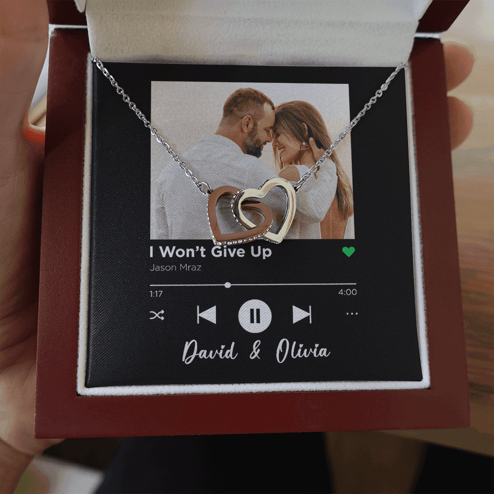 I Won't Give Up Custom Spotify Code With Couple Photo and Song Card Interlocking Hearts Necklace Anniversary Gifts For Her Toptrendygear