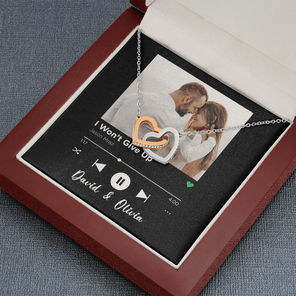 I Won't Give Up Custom Spotify Code With Couple Photo and Song Card Interlocking Hearts Necklace Anniversary Gifts For Her Toptrendygear