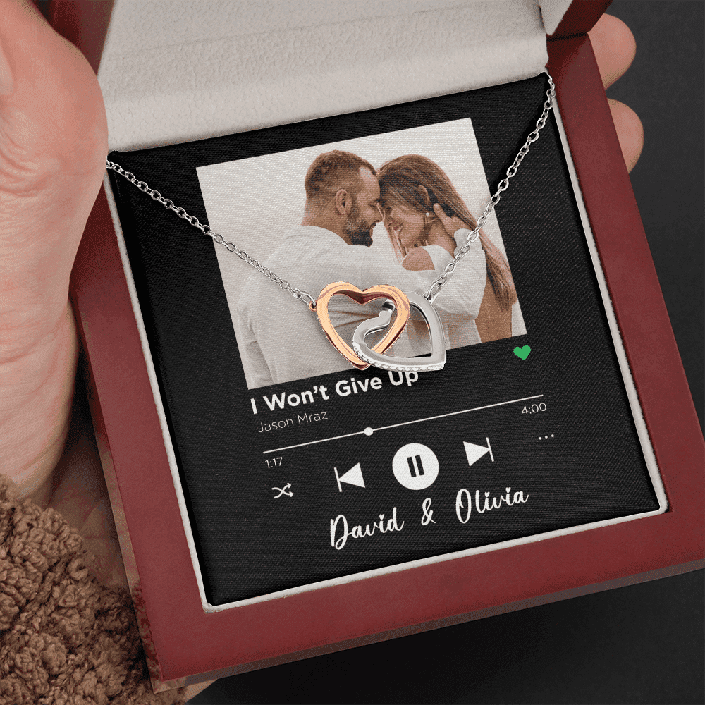 I Won't Give Up Custom Spotify Code With Couple Photo and Song Card Interlocking Hearts Necklace Anniversary Gifts For Her Toptrendygear