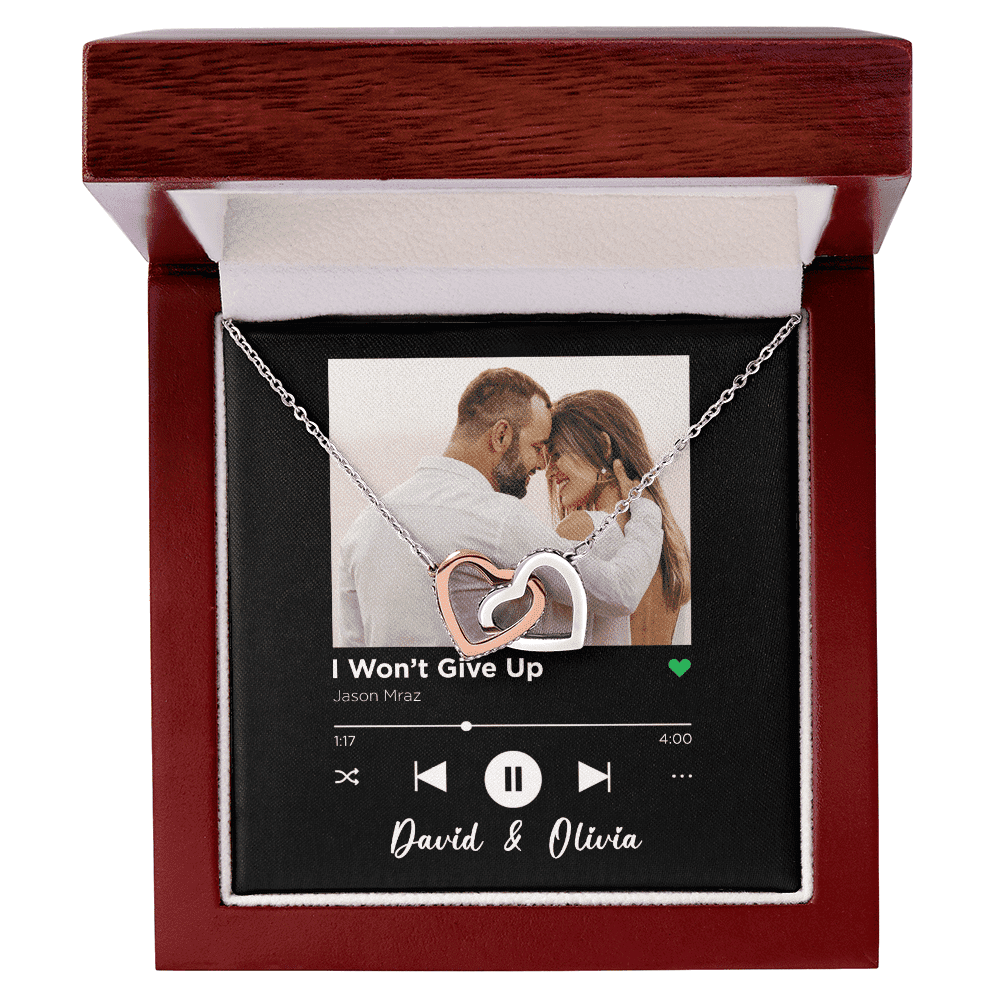 I Won't Give Up Custom Spotify Code With Couple Photo and Song Card Interlocking Hearts Necklace Anniversary Gifts For Her Toptrendygear