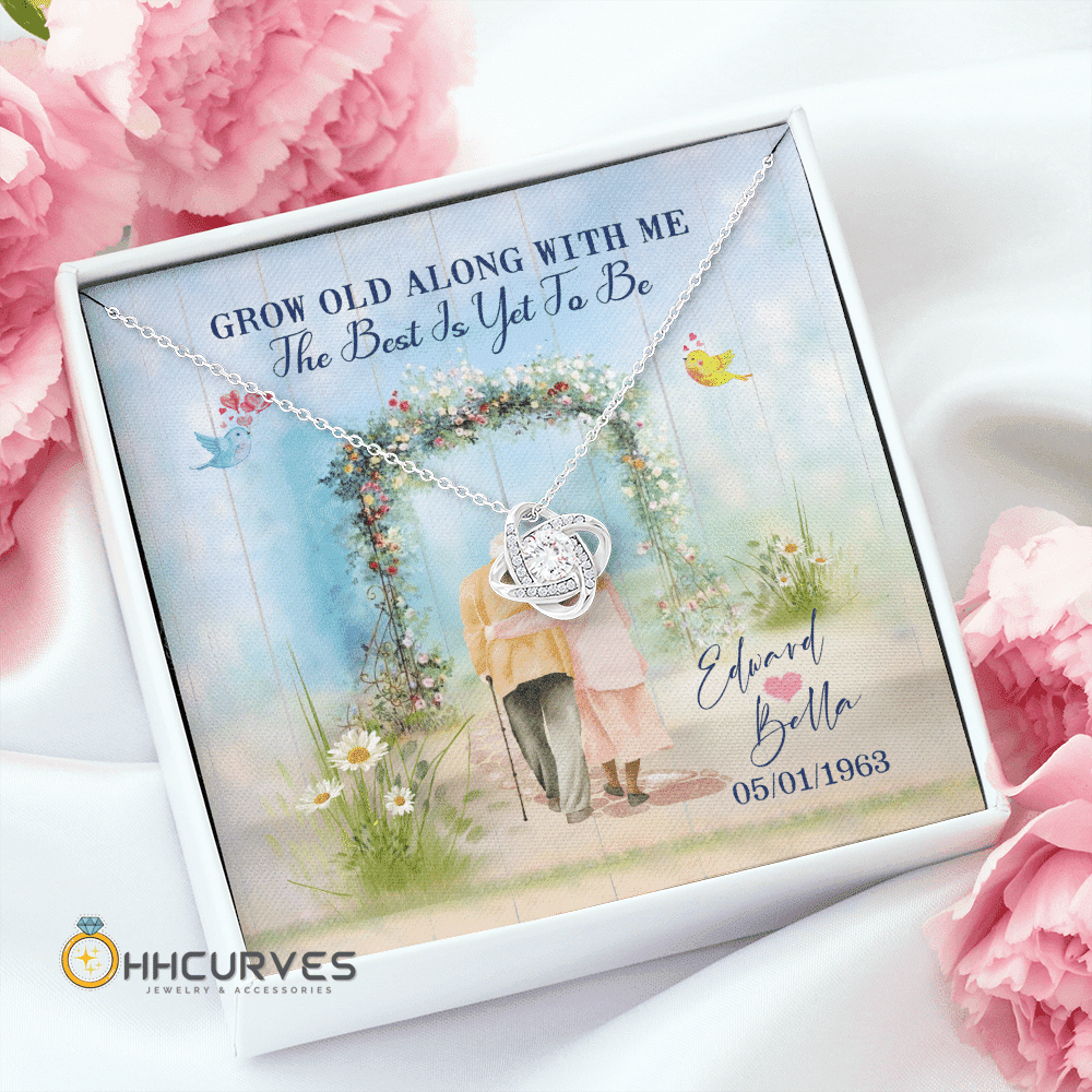 Custom Name And Date Anniversary Gifts Grow Old Along With Me The Best Is Yet To Be Gift For Her Love Knot Gold Necklace Toptrendygear
