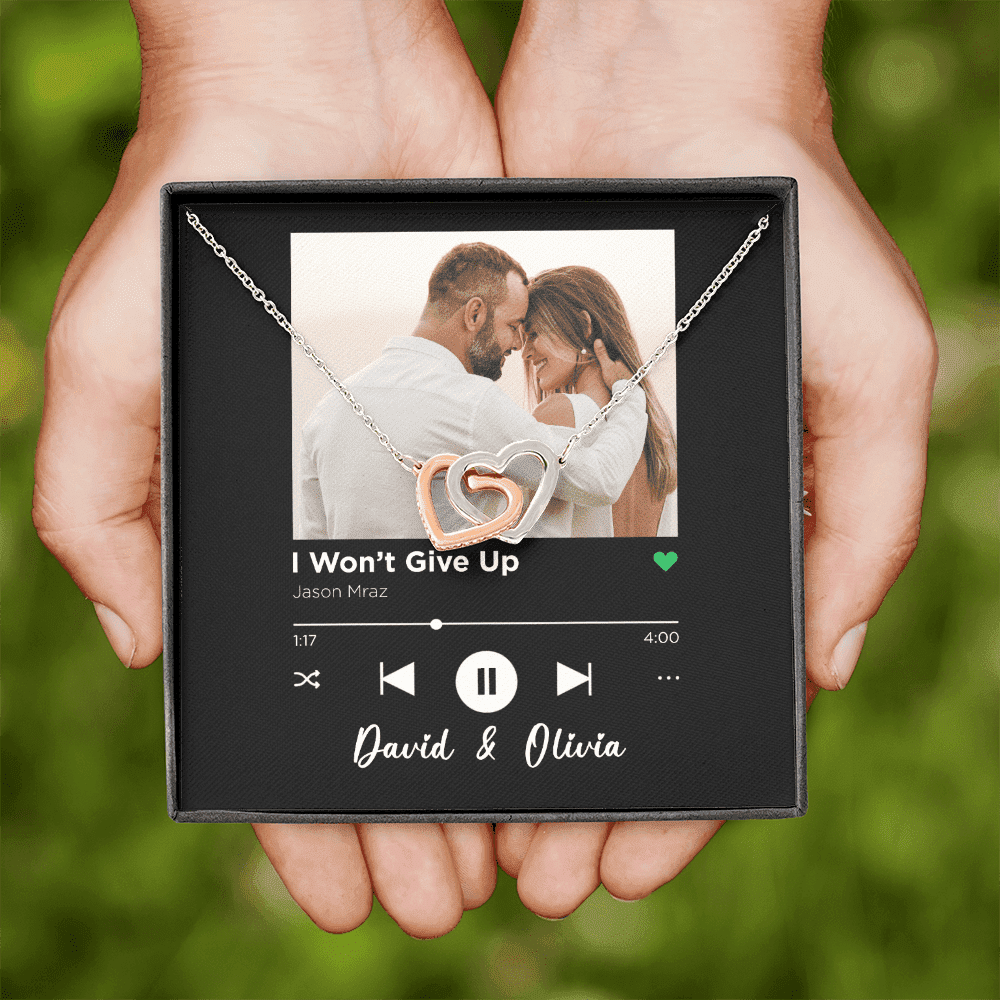I Won't Give Up Custom Spotify Code With Couple Photo and Song Card Interlocking Hearts Necklace Anniversary Gifts For Her Toptrendygear
