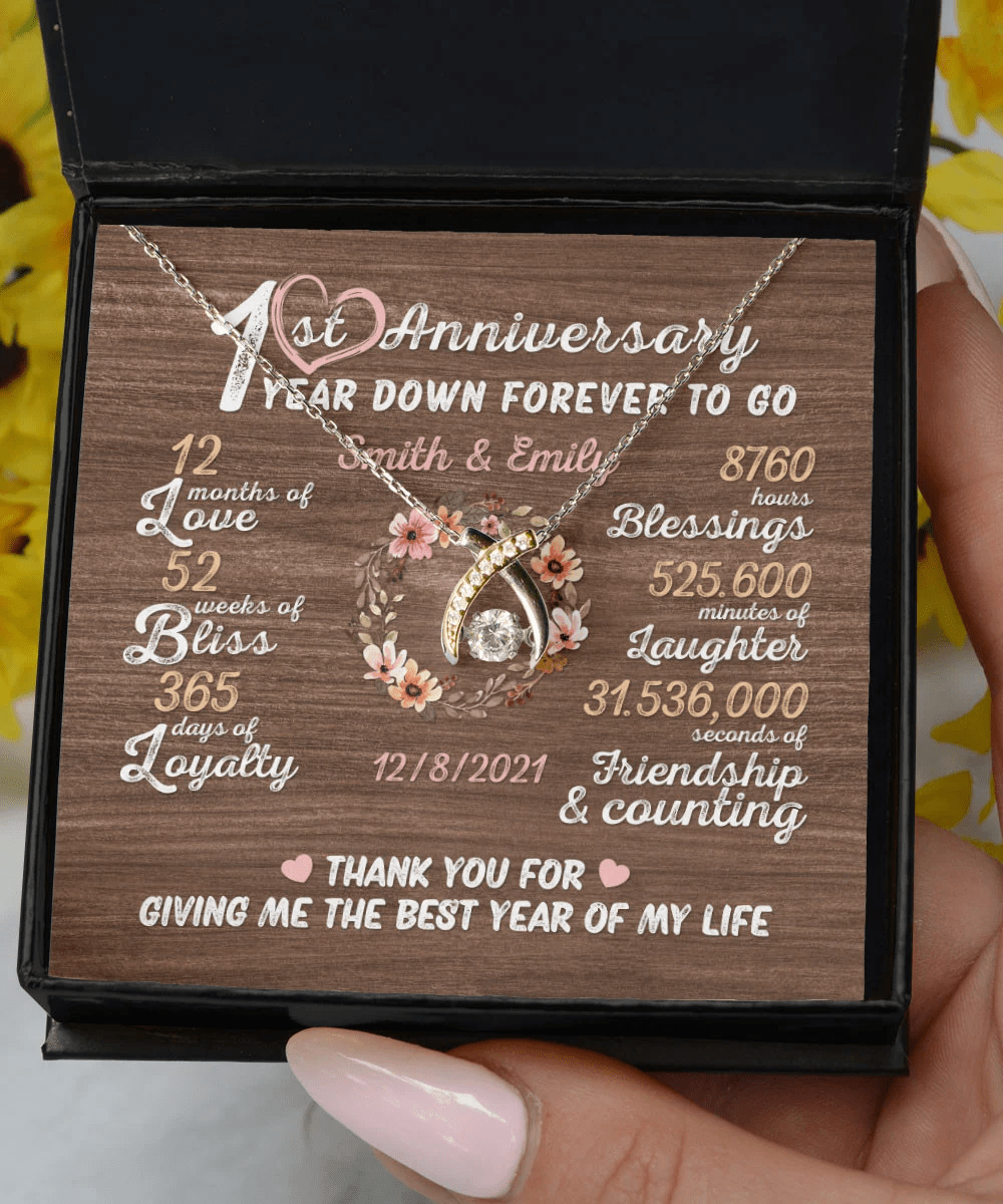 One Year Down Forever To Go First Anniversary Gift Custom Name And Date Wishbone Dancing Necklace Toptrendygear