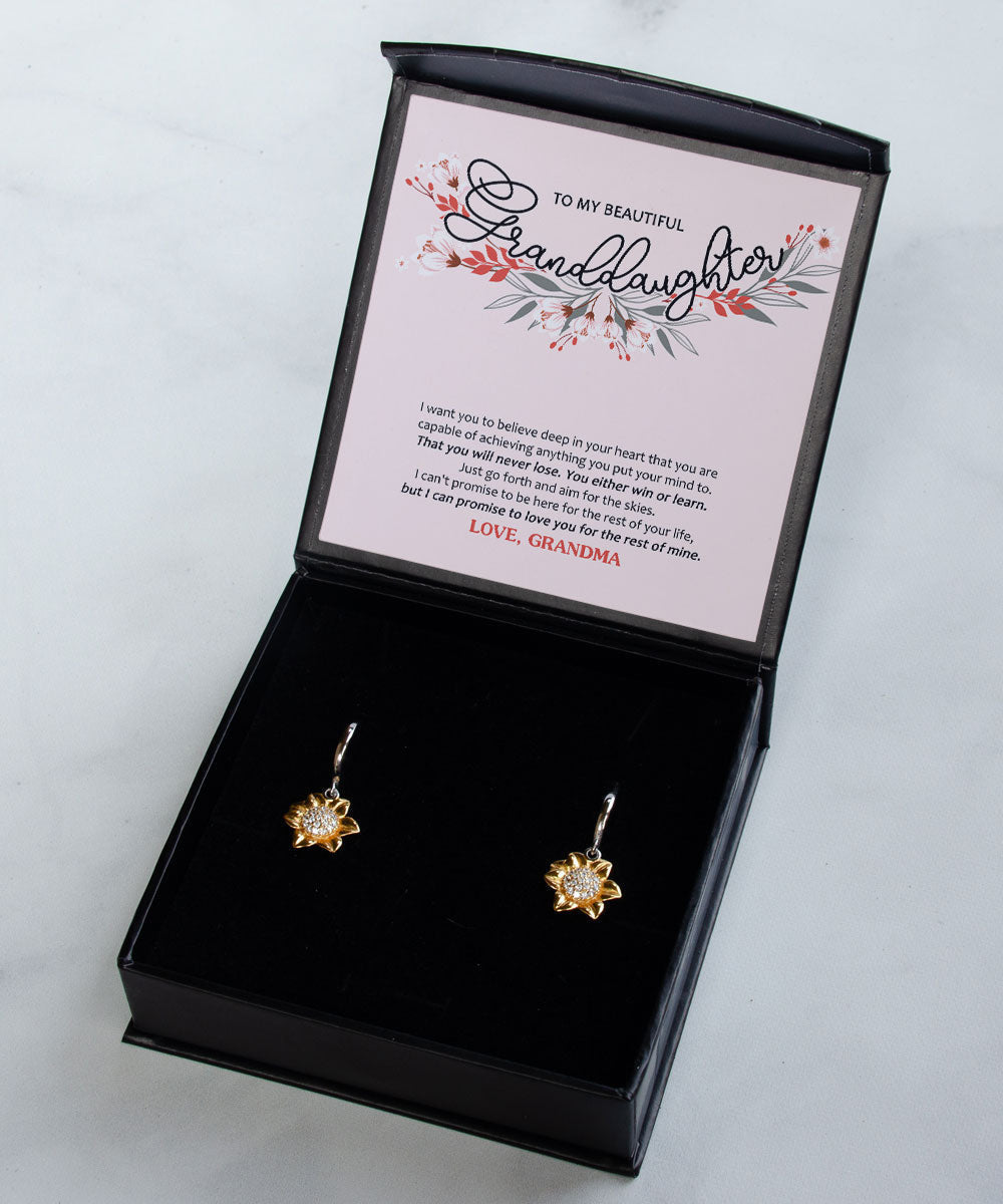 To My Granddaughter You Will Never Lose Message Card Sunflower Earrings