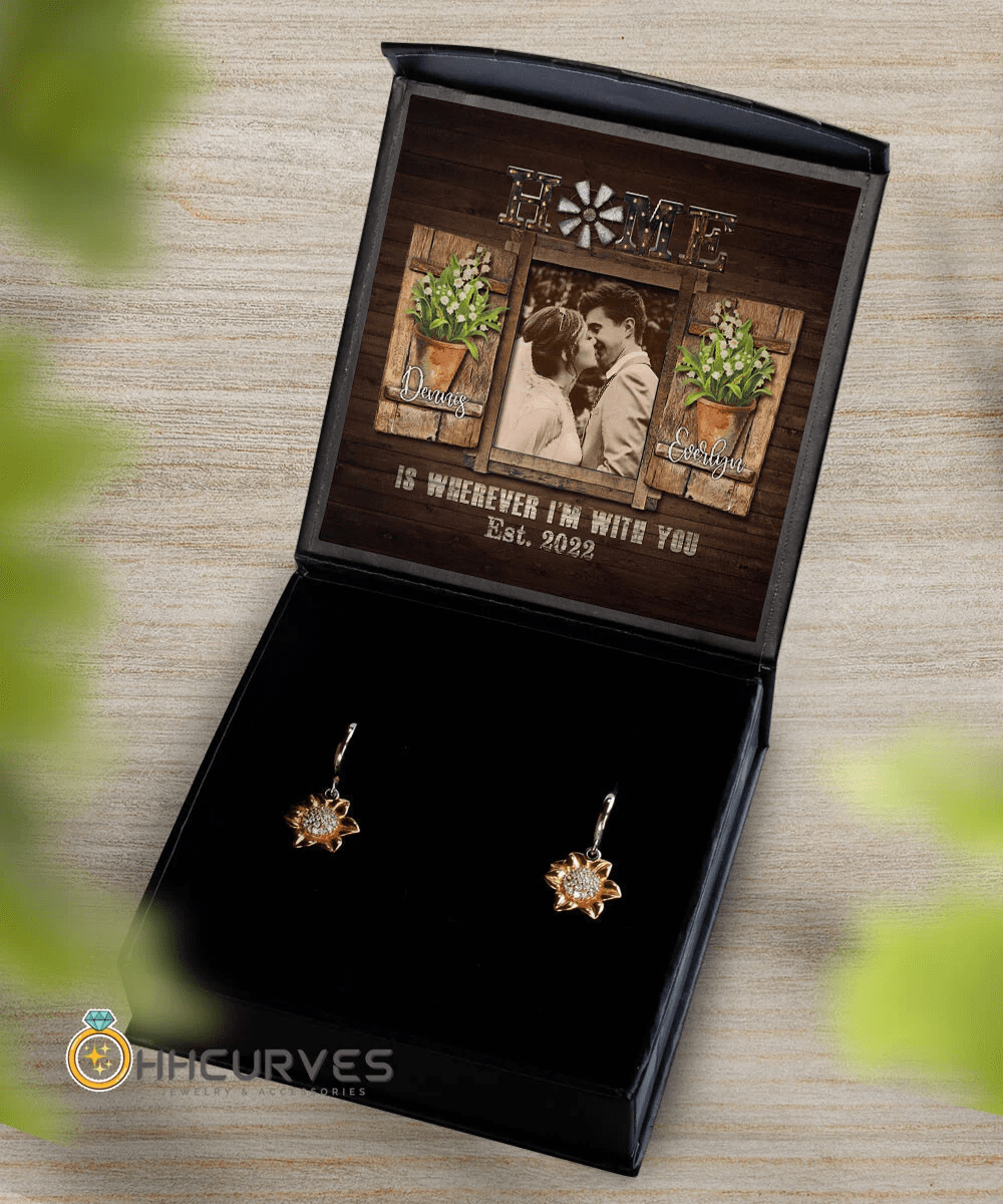 Custom Name, Date And Photo Happy Wedding Anniversary Home Is Wherever I'm With You Anniversary Gifts For Her Sunflower Earrings Toptrendygear
