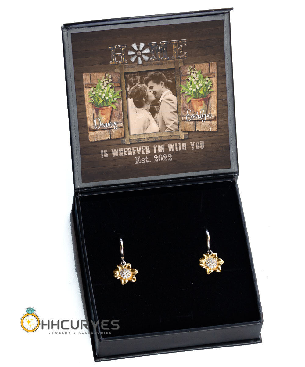 Custom Name, Date And Photo Happy Wedding Anniversary Home Is Wherever I'm With You Anniversary Gifts For Her Sunflower Earrings Toptrendygear