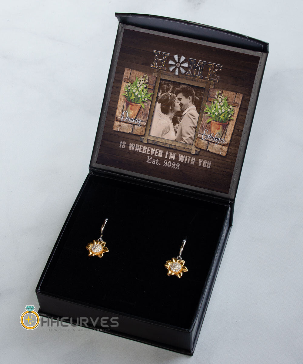 Custom Name, Date And Photo Happy Wedding Anniversary Home Is Wherever I'm With You Anniversary Gifts For Her Sunflower Earrings Toptrendygear