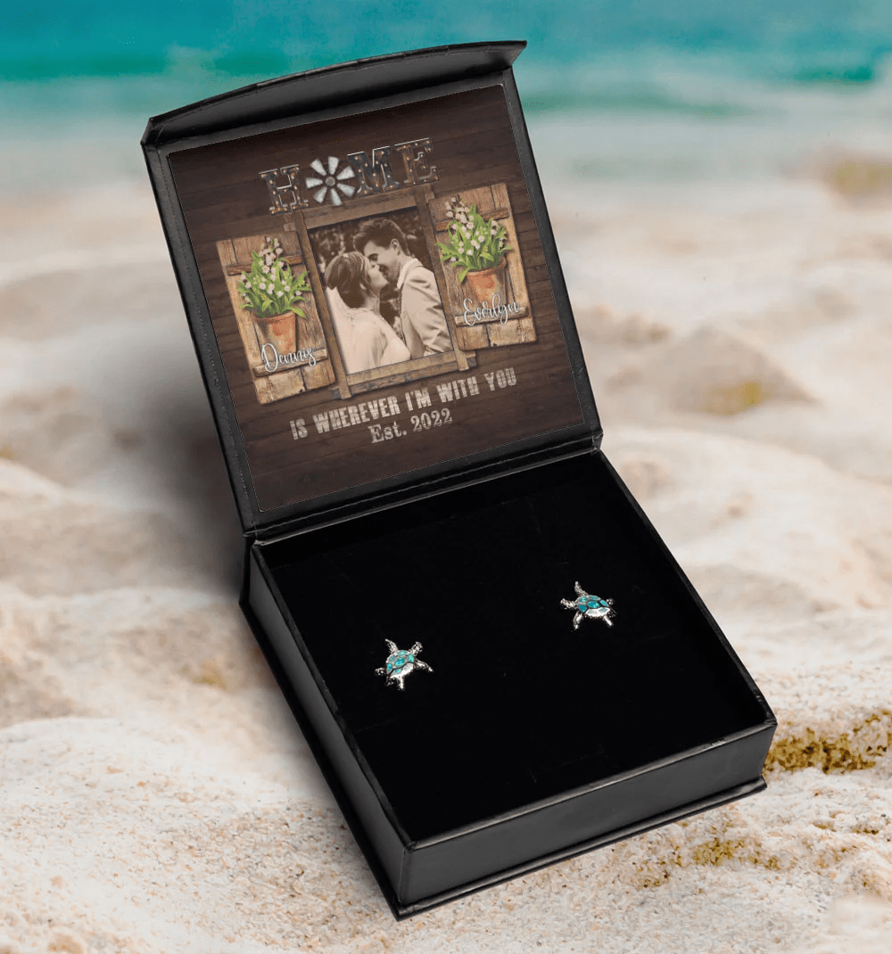 Home Is Wherever I'm With You Custom Name, Date And Photo Opal Turtle Earrings Anniversary Gifts For Her Toptrendygear
