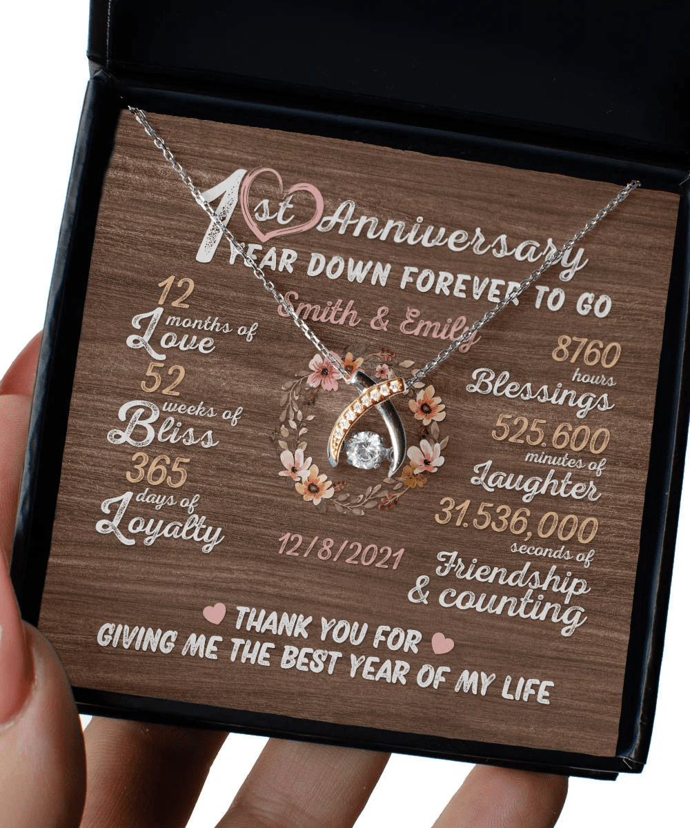 One Year Down Forever To Go First Anniversary Gift Custom Name And Date Wishbone Dancing Necklace Toptrendygear