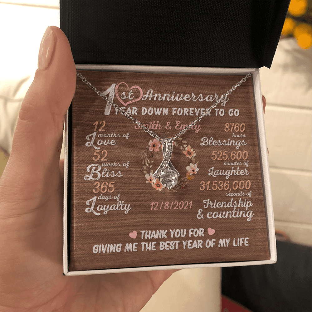One Year Down Forever To Go First Anniversary Gift Custom Name And Date Alluring Beauty Gold Necklace