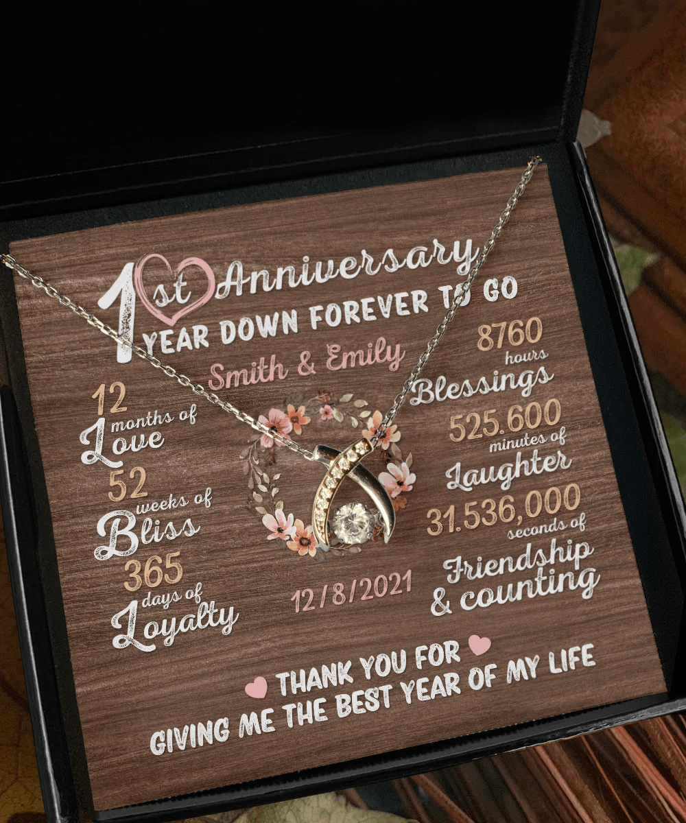 One Year Down Forever To Go First Anniversary Gift Custom Name And Date Wishbone Dancing Necklace Toptrendygear