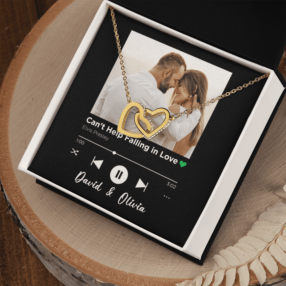 Can't Help Falling in Love Custom Spotify Code With Couple Photo and Song Card Interlocking Hearts Gold Necklace Anniversary Gifts For Her Toptrendygear