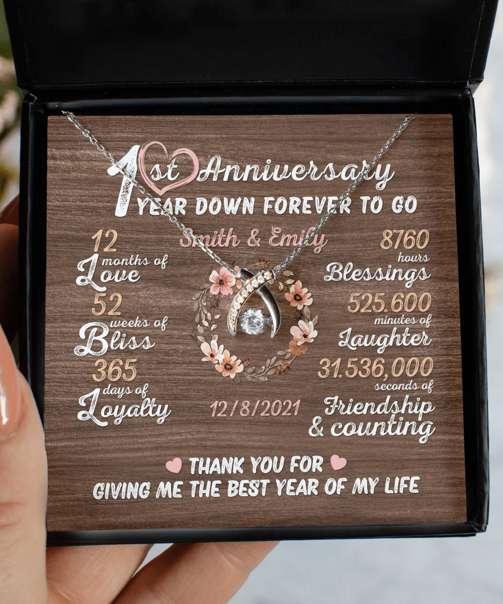 One Year Down Forever To Go First Anniversary Gift Custom Name And Date Wishbone Dancing Necklace Toptrendygear