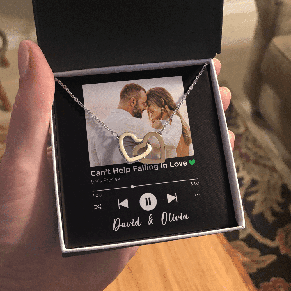 Can't Help Falling in Love Custom Spotify Code With Couple Photo and Song Card Interlocking Hearts Gold Necklace Anniversary Gifts For Her Toptrendygear