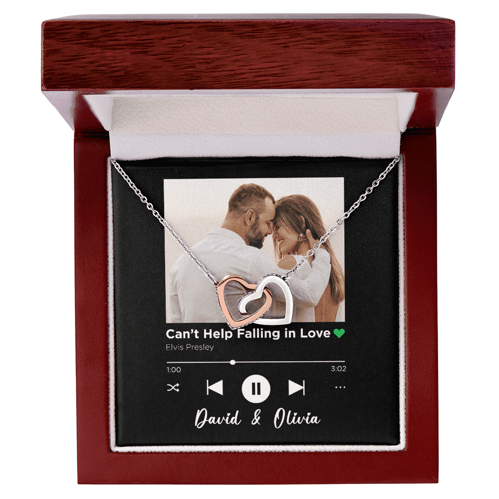 Can't Help Falling in Love Custom Spotify Code With Couple Photo and Song Card Interlocking Hearts Gold Necklace Anniversary Gifts For Her Toptrendygear