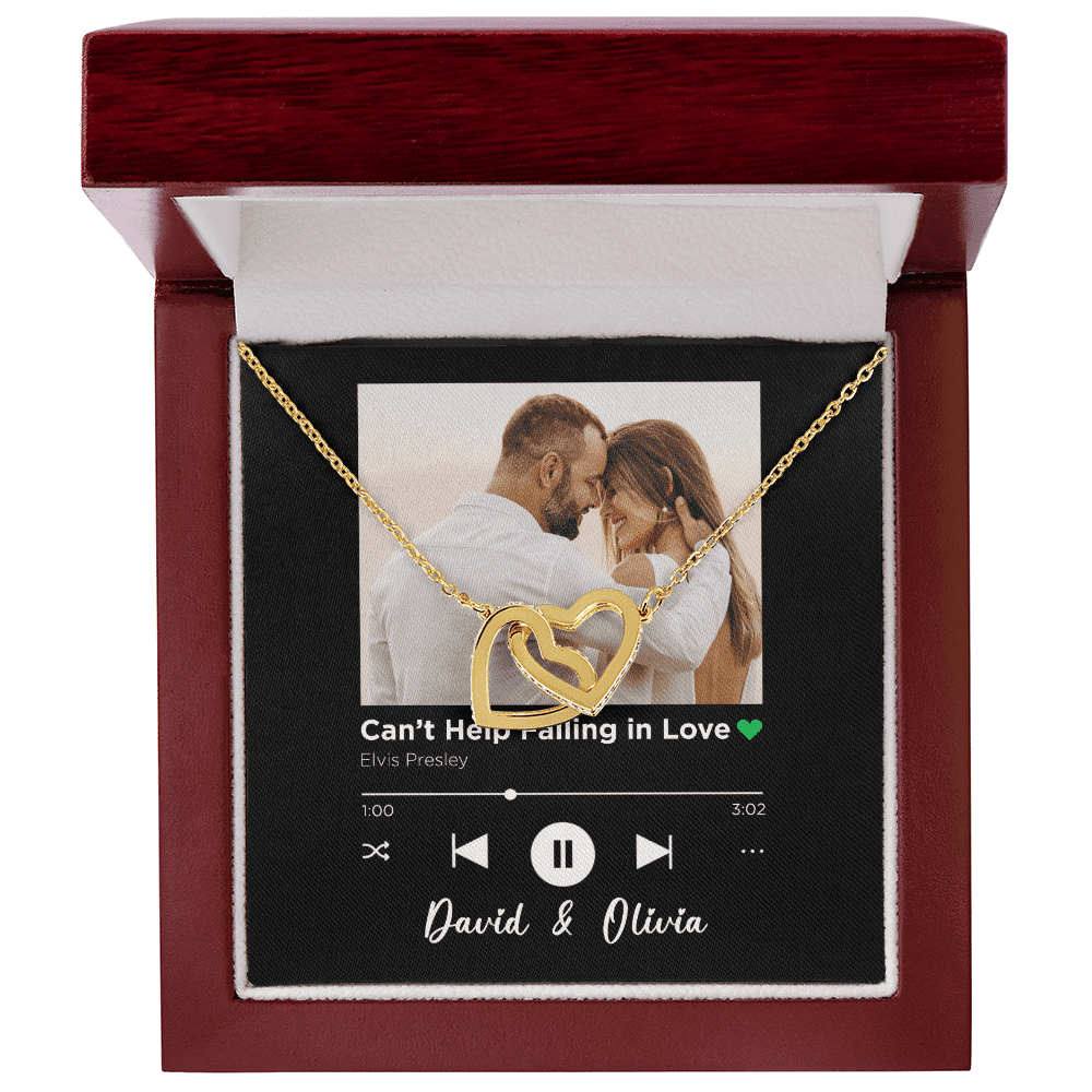 Can't Help Falling in Love Custom Spotify Code With Couple Photo and Song Card Interlocking Hearts Gold Necklace Anniversary Gifts For Her Toptrendygear