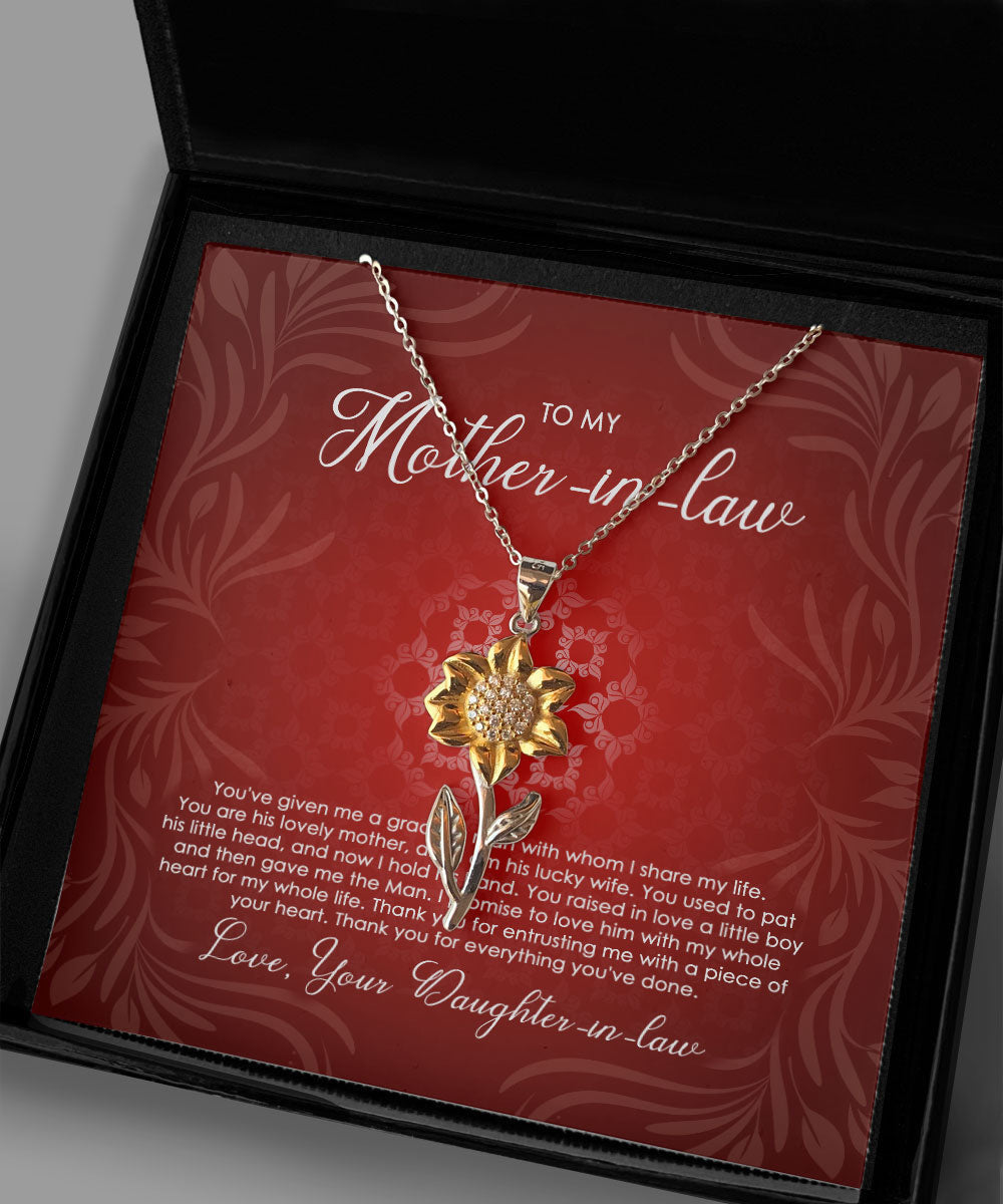 To Mother-In-Law You Are His Lovely Mother, And I Am His Lucky Wife Sunflower Pendant Necklace