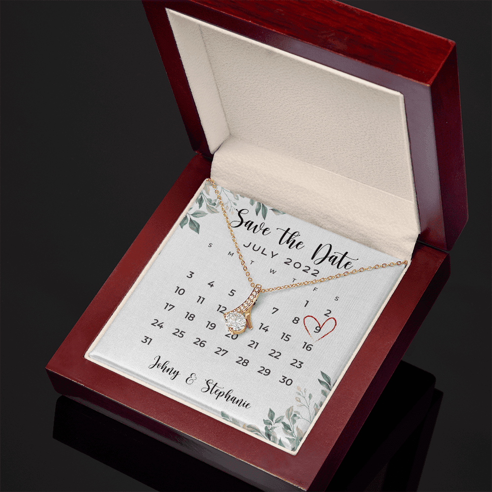 Save The Date, Happy Wedding Anniversary, Custom Name Date Alluring Beauty Gold Necklace, Anniversary Gifts For Her