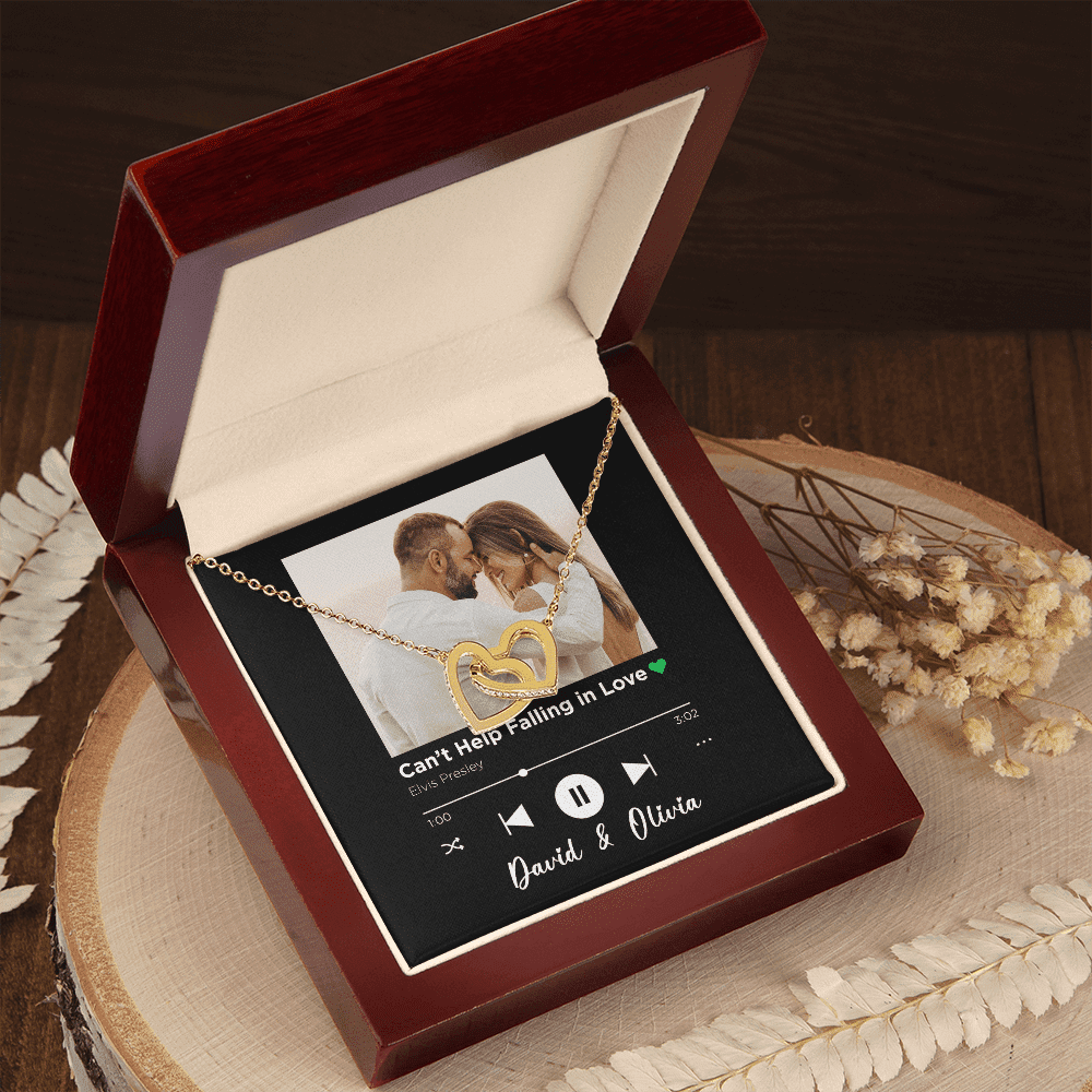 Can't Help Falling in Love Custom Spotify Code With Couple Photo and Song Card Interlocking Hearts Gold Necklace Anniversary Gifts For Her Toptrendygear