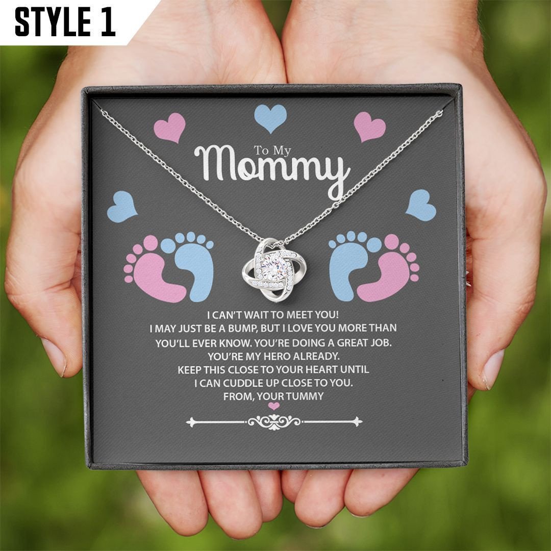 Mom To Be Love Knot Necklace To My Mommy I May Just Be A Bump Little Baby Feet Personalized Gift For Expecting Mom Gift For Pregnant Wife