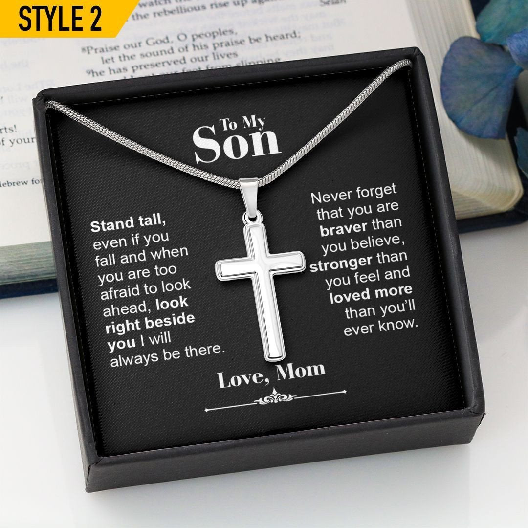 To My Son Cross Necklace From Dad Stand Tall Even If You Fall Personalized Gift For Son