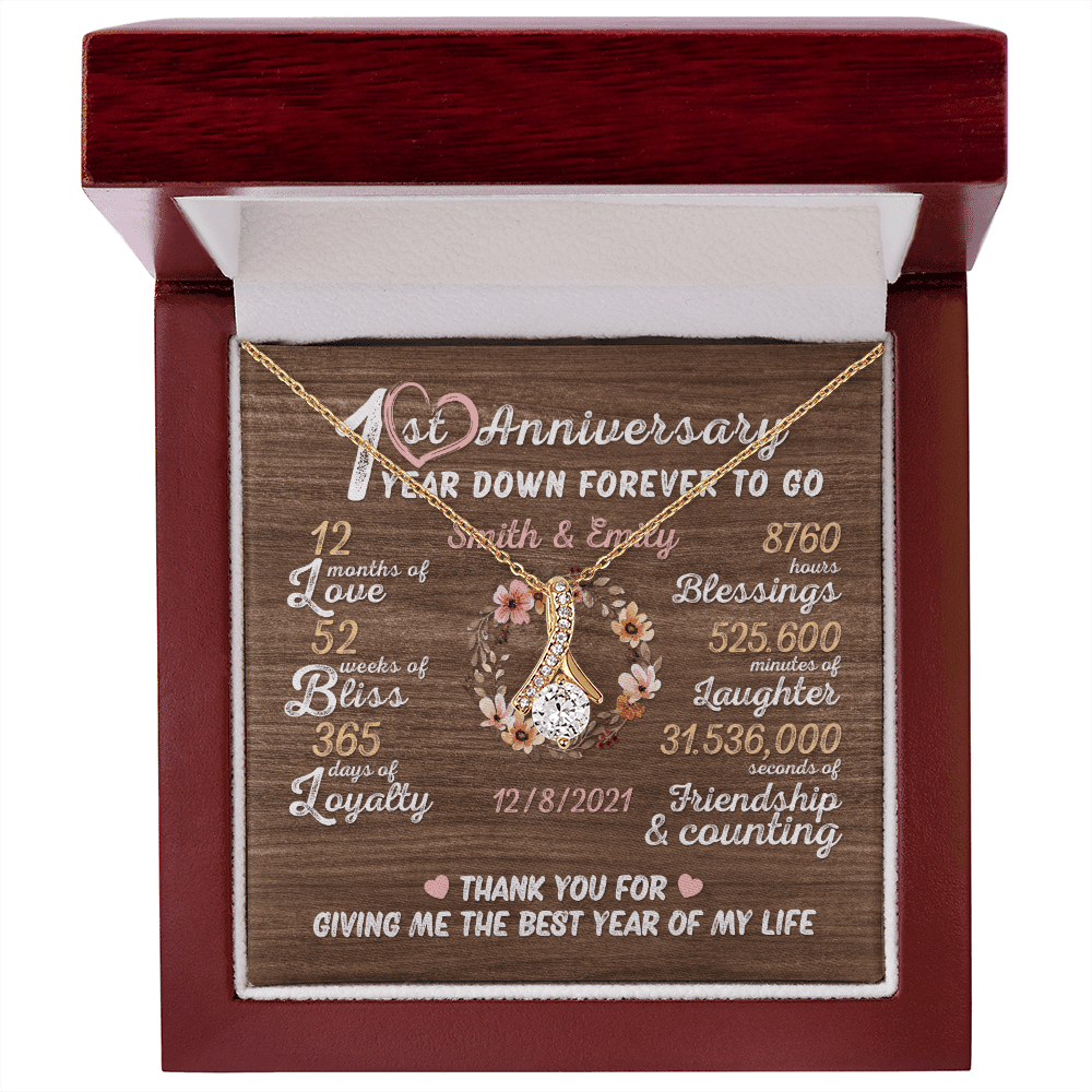 One Year Down Forever To Go First Anniversary Gift Custom Name And Date Alluring Beauty Gold Necklace