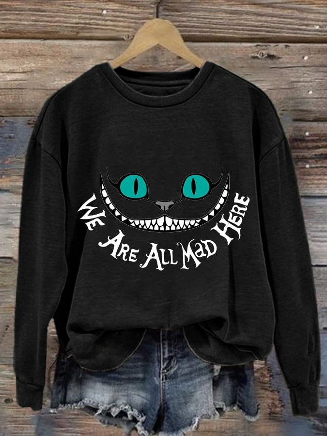 Black Cat We Are All Mad Here Sweatshirt Vintage Halloween Sweatshirt Gifts For Her