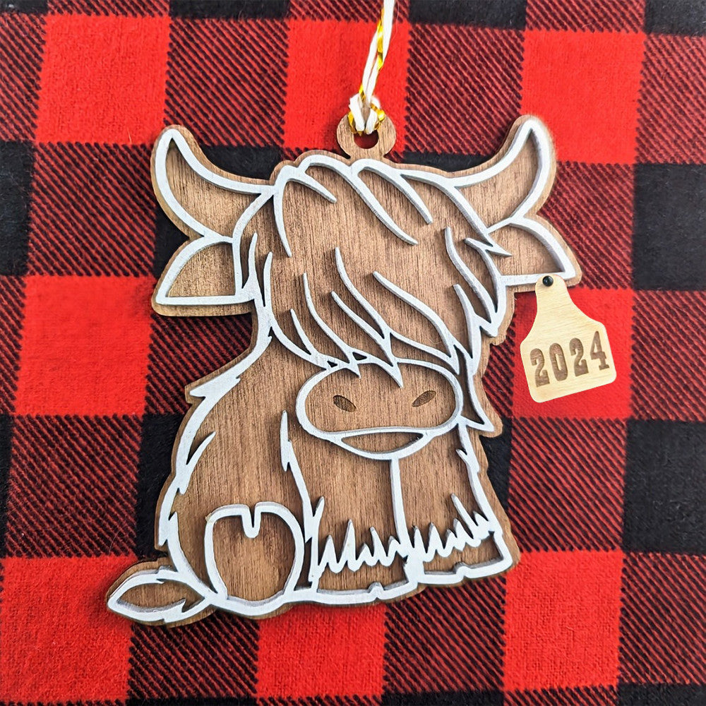 Highland Cow 2 Layered Wooden Ornament Highland Cow Ornament Christmas Tree Decorations