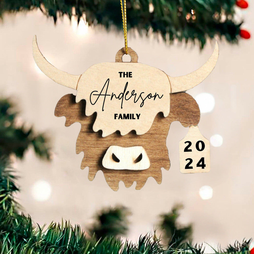 Personalized Highland Cow 2 Layered Wooden Ornament Highland Cow Ornament Xmas Tree Decor