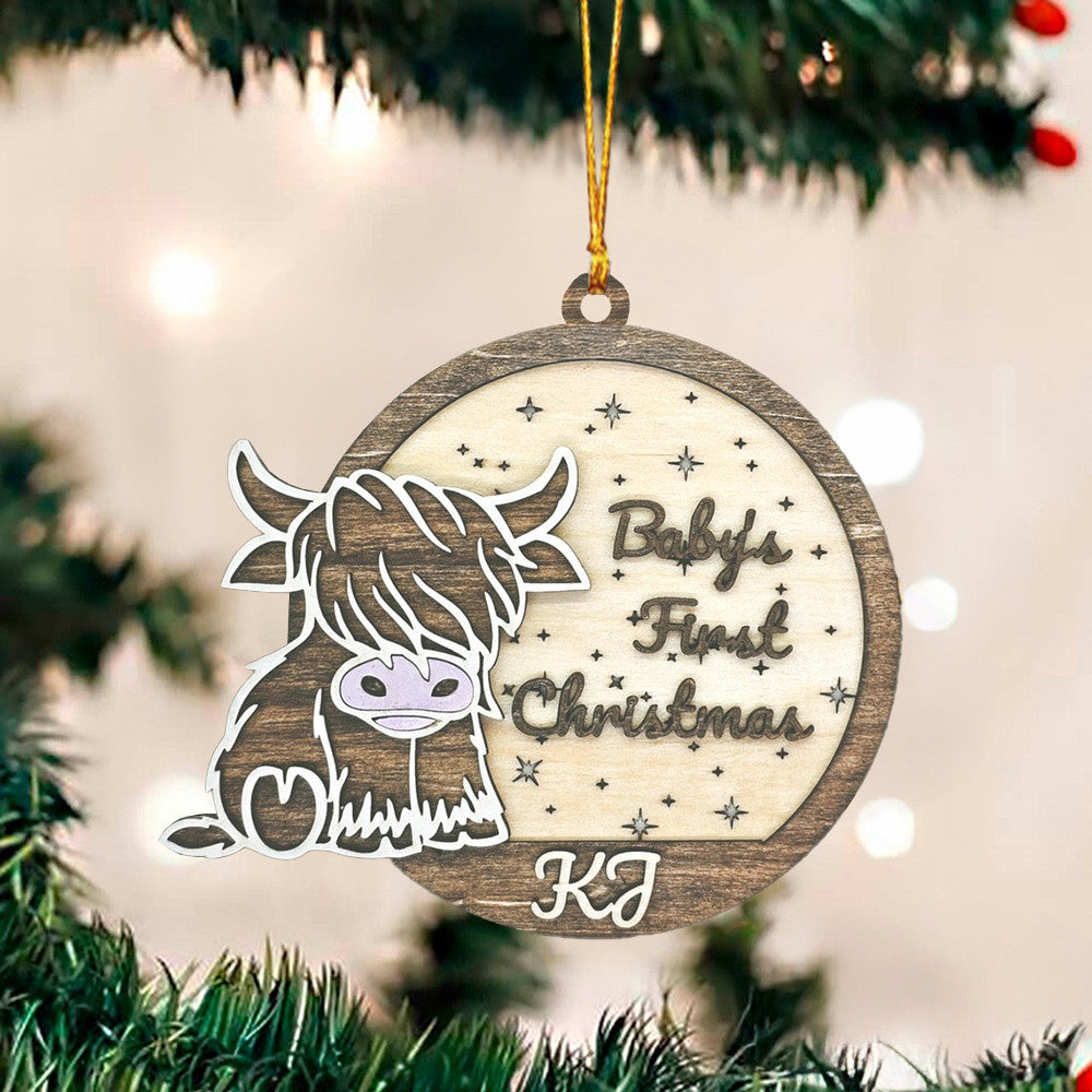 Custom Highland Cow Baby's First Christmas 3 Layered Wooden Ornament Highland Cow Ornament