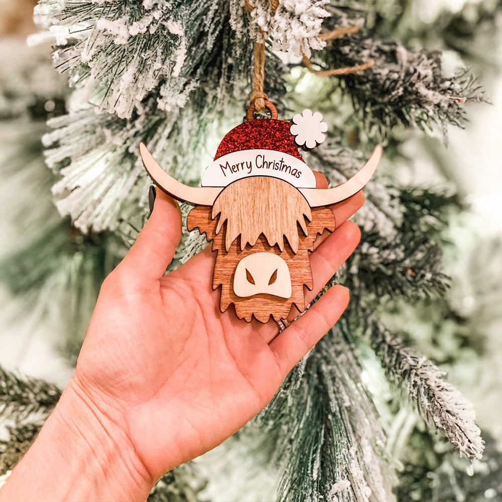 Merry Christmas Highland Cow 3 Layered Wooden Ornament Highland Cow Christmas Ornament