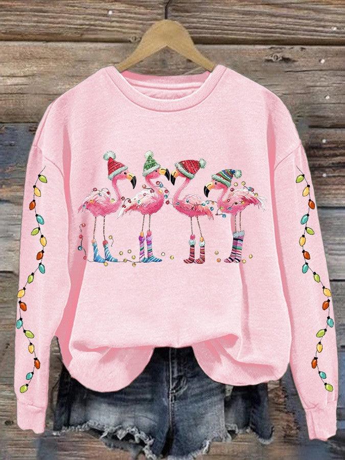 Flamingo With Christmas Lights Pink Sweatshirt Flamingo Lover Christmas Clothing Her Gifts