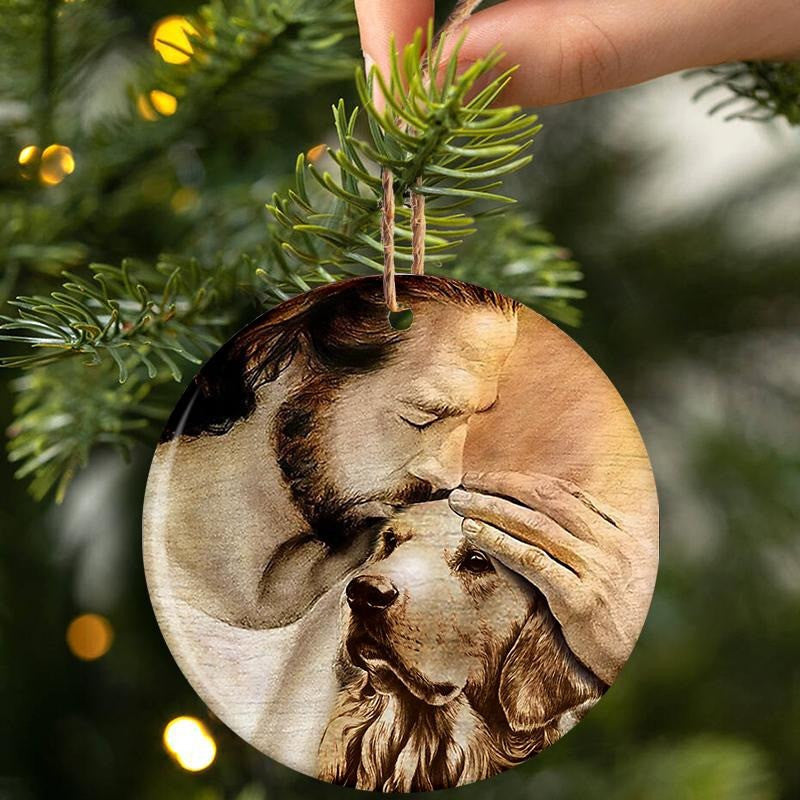 Golden Retriever With Jesus Ceramic Ornament For Christmas Tree Dog Lover Christian Ornament