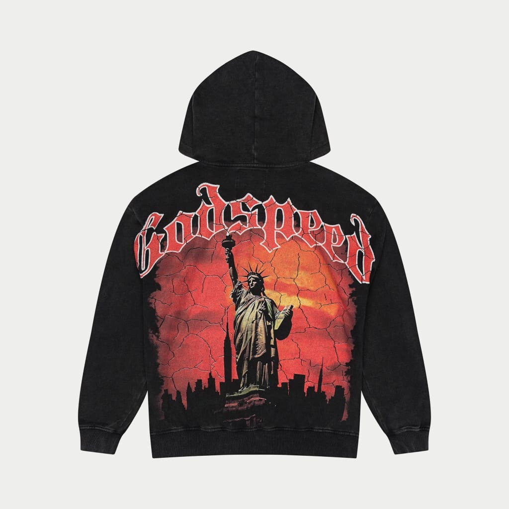 Godspeed Hoodie State Of Liberty Red Day Black Wash Hoodie Streetwear Clothing