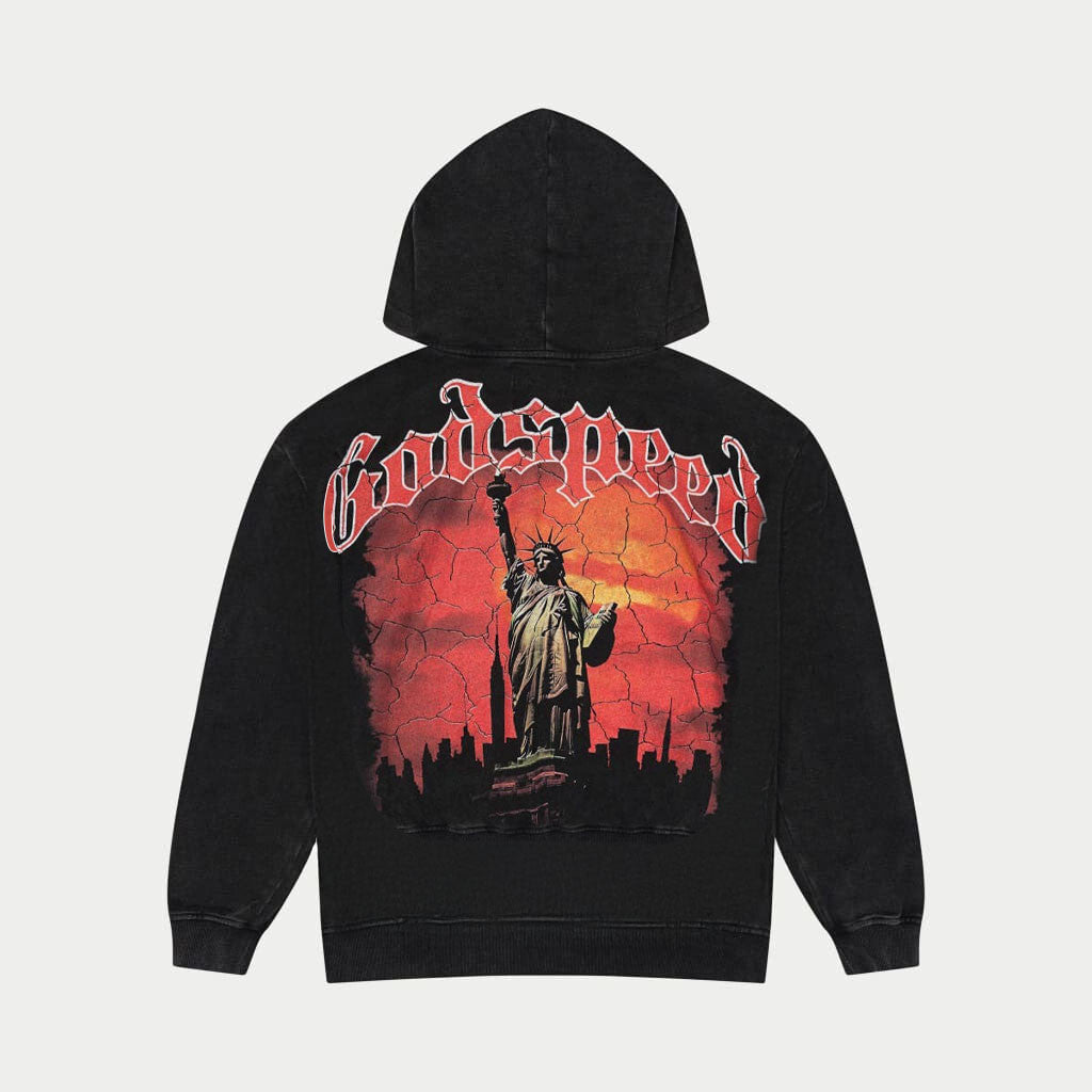 Godspeed Hoodie State Of Liberty Red Day Black Wash Hoodie Streetwear Clothing