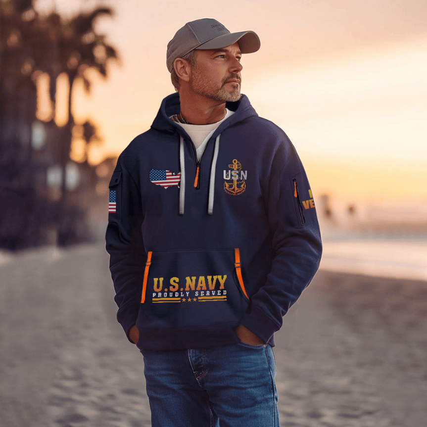 US Navy Proudly Served Half Zip Hoodie USN Hoodie Gifts For Navy Veterans