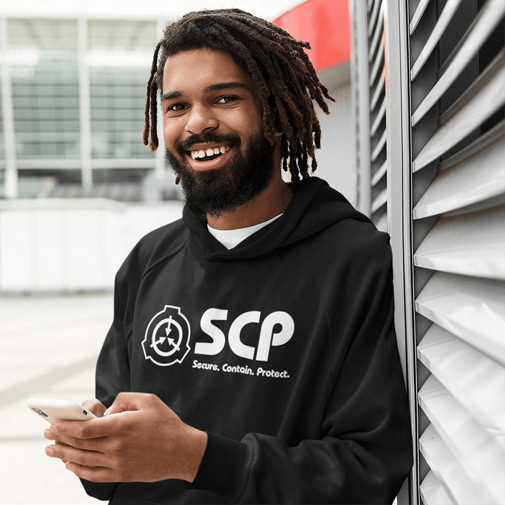 SCP Hoodie SCP White Logo And Slogan Hoodie Secure Contain Protect Merch