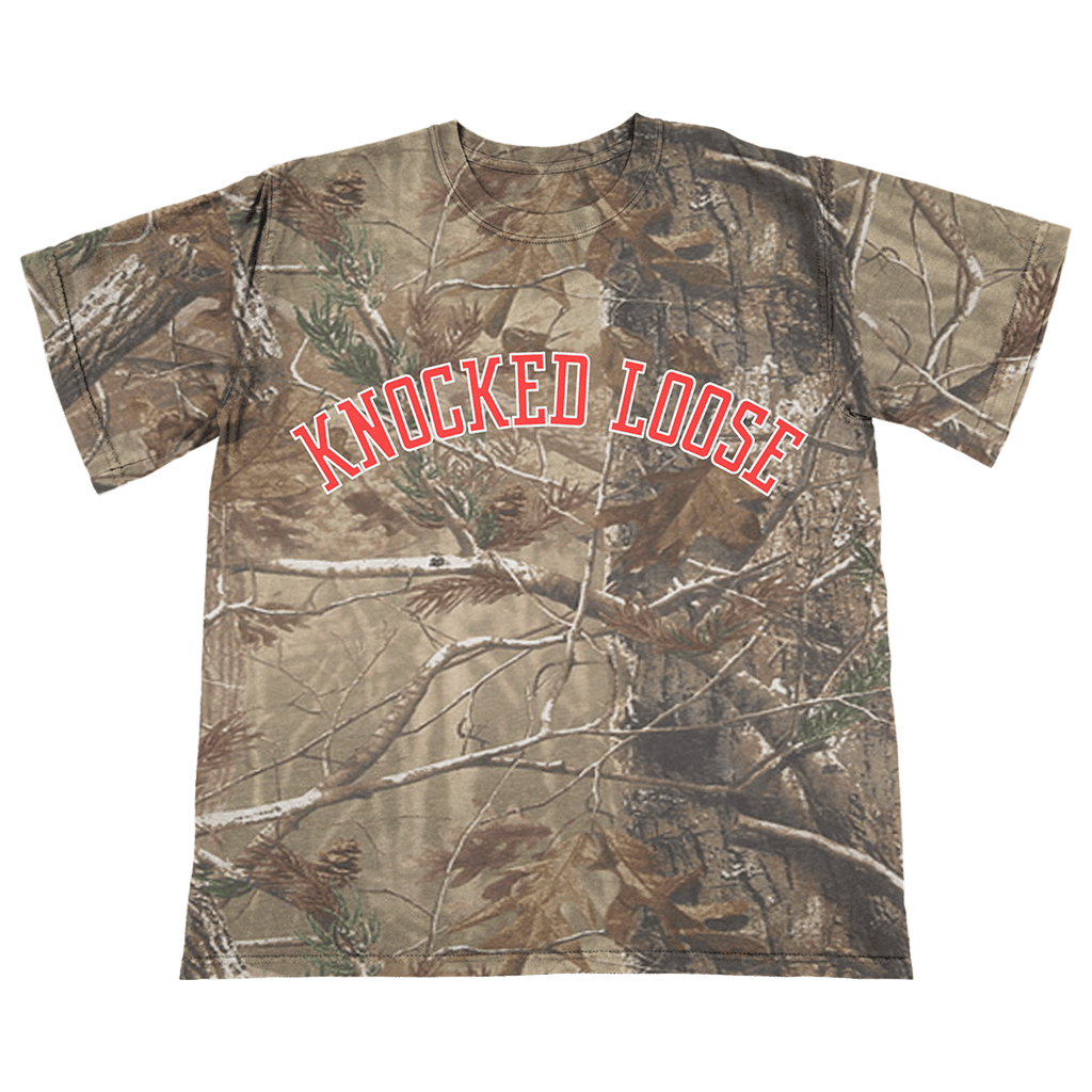Knocked Loose Merch Knocked Loose Varsity Arch Real Tree Camo T-Shirt Gifts For Father's Day