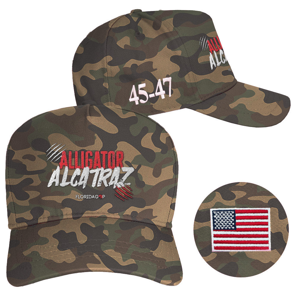 Alligator Alcatraz Hat Embroidered Camo 45-47 Hat Alligator Alcatraz Merch Florida GOP Store