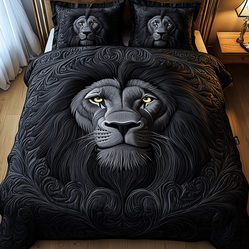 Majestic Lion Black Quilted Bedding Set Gifts For Lion Lovers
