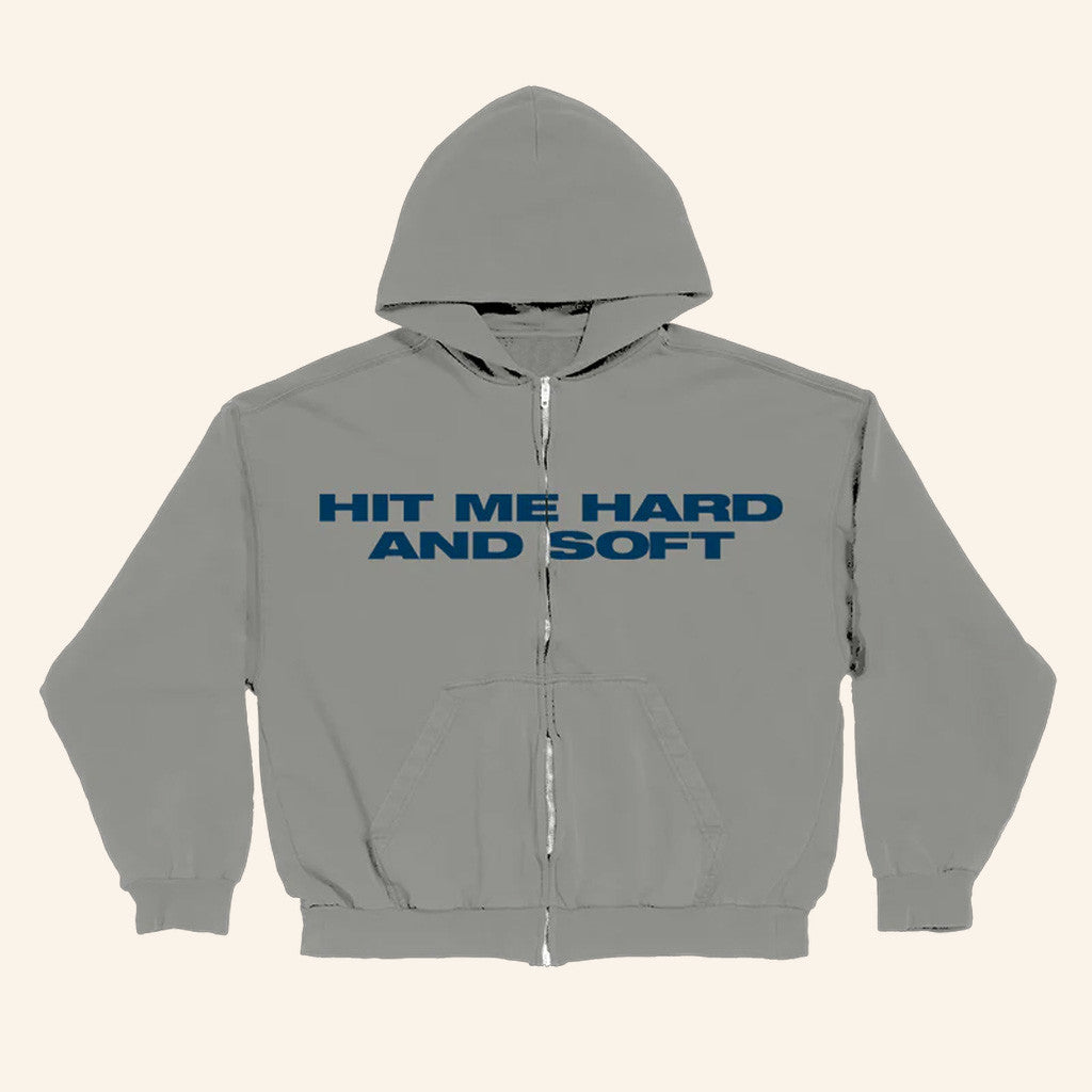 Billie Eilish Merch Hit Me Hard And Soft Grey Zipper Hoodie Gifts For Dad
