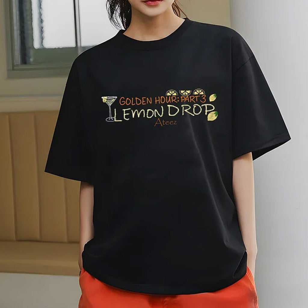 Ateez Merch Ateez Golden Hour Part 3 Lemon Drop Simple T-Shirt Black Fans Gift