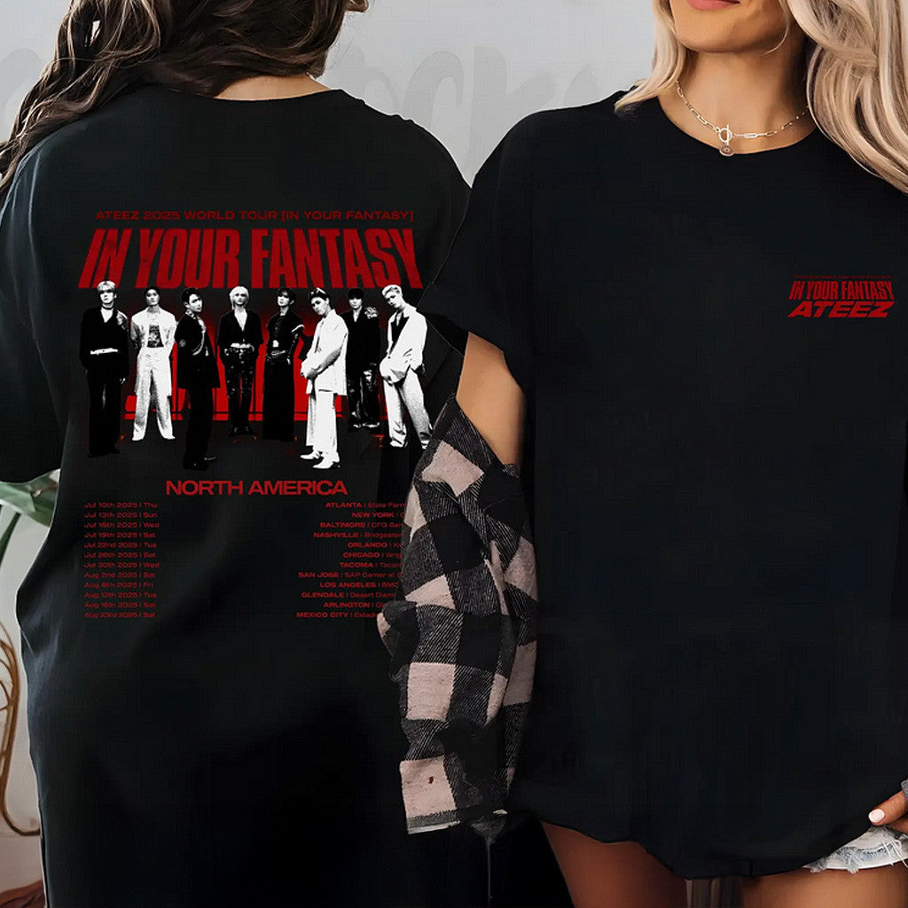 Ateez Merch Retro Ateez 2025 World Tour in Your Fantasy Tour Tracklist T-Shirt Black