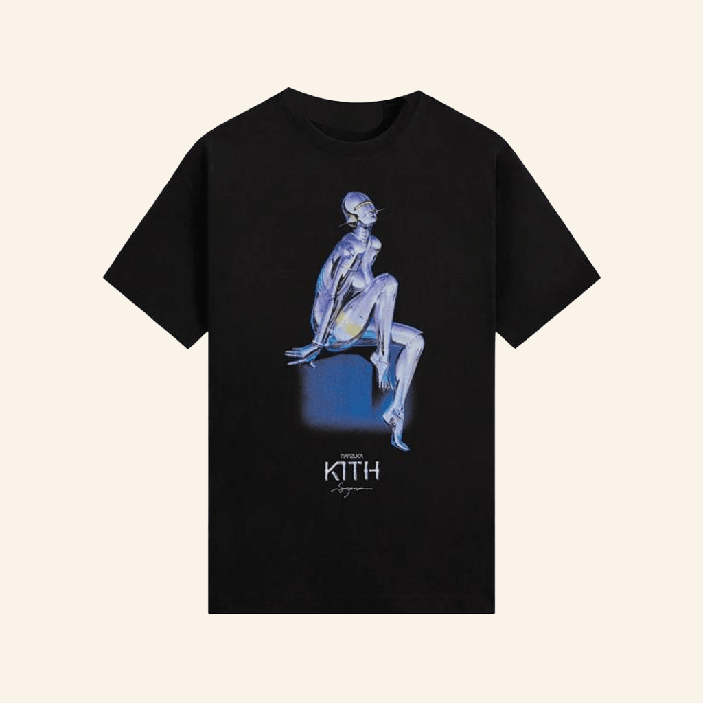 Kith Merch Kith For Nanzuka Gallery Sorayama Model A Stitch T-Shirt Black Fans Gifts