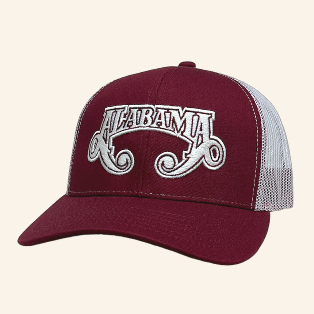 Alabama Merch Tour 2025 Alabama Maroon and White Embroidered Trucker Hat Friends Gifts